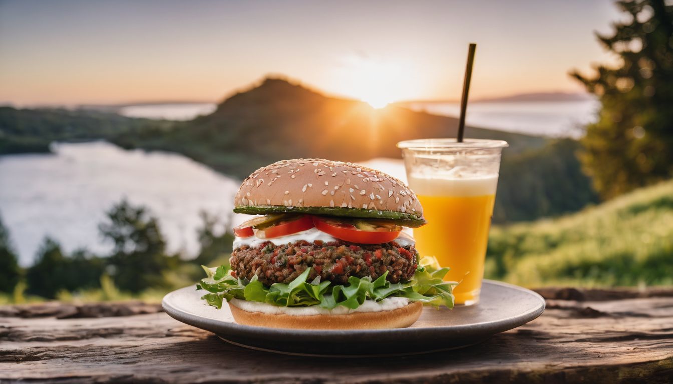 Een persoon geniet van een Veggie Burger met Yoghurt Dip in een levendige buitenomgeving.