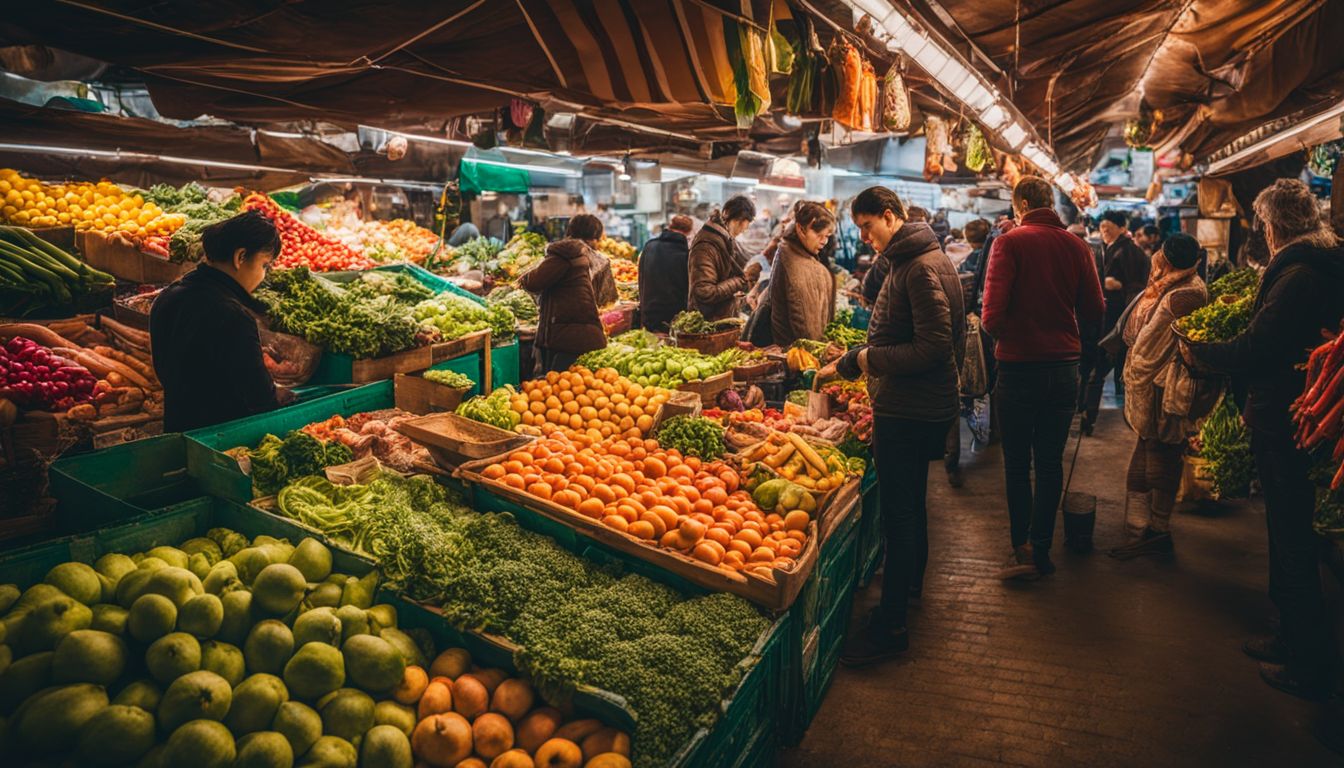 Een levendige markt vol kleurrijke kraampjes en mensen.