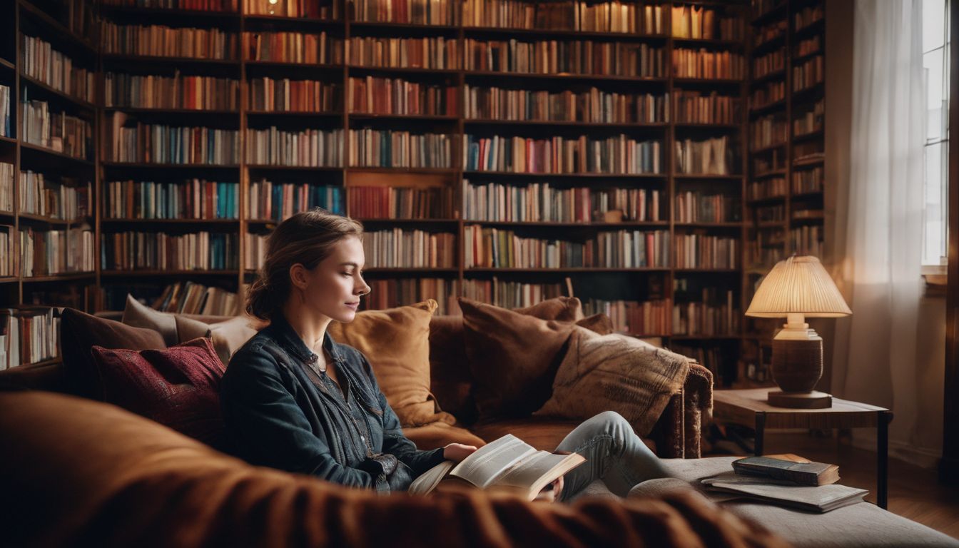 Een persoon luistert naar een Luisterboek in een gezellige woonkamer vol met boeken.