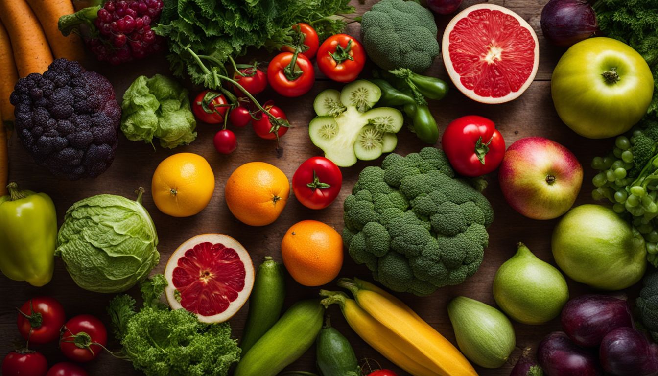 Een verscheidenheid aan kleurrijke groenten en fruit op een keukentafel.