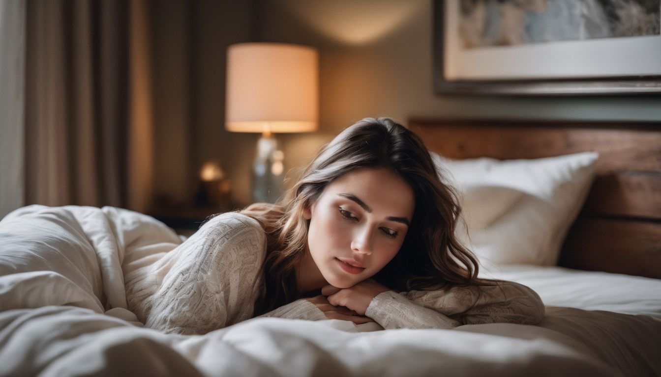 Een persoon die worstelt om in bed te slapen in een rustige slaapkamer.