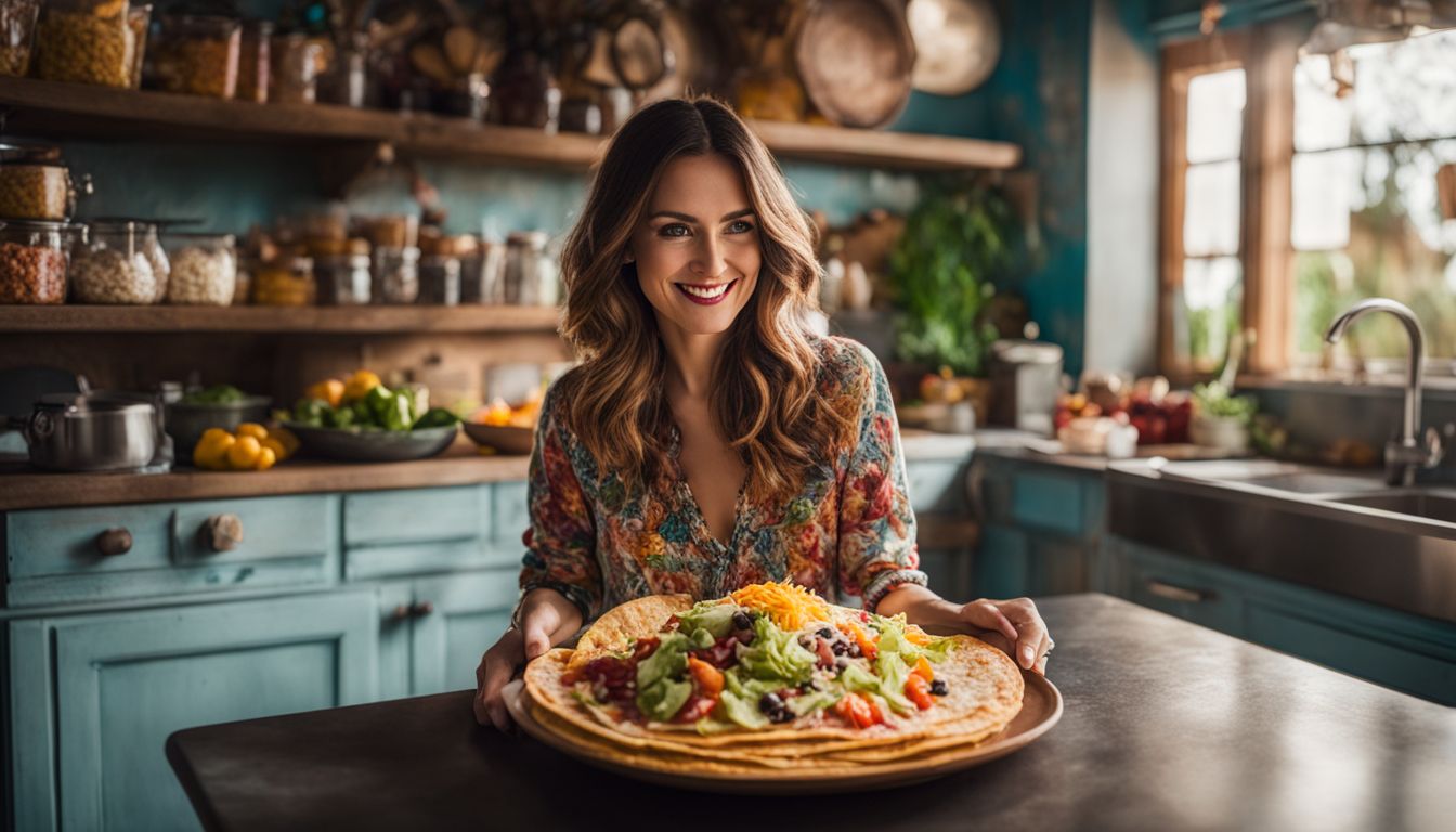 Een vrouw houdt een kleurrijke tostada in een Mexicaanse keuken.