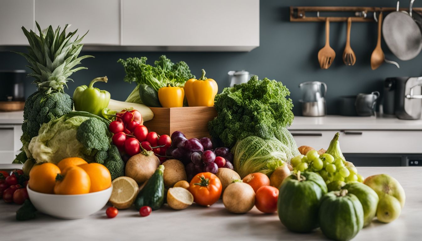 Een foto van verse biologische groenten en fruit op een keukenblad.