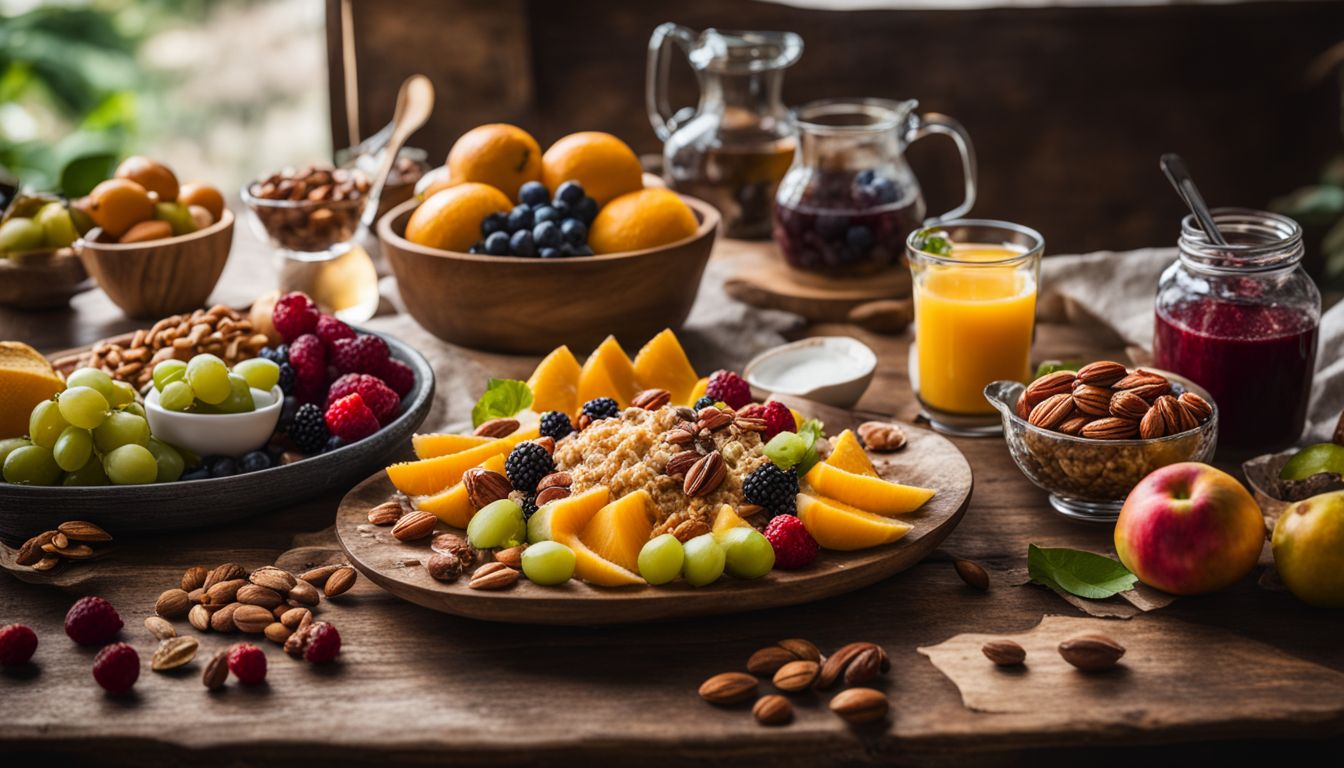 Een gezond ontbijt op een rustieke tafel met vers fruit en noten.