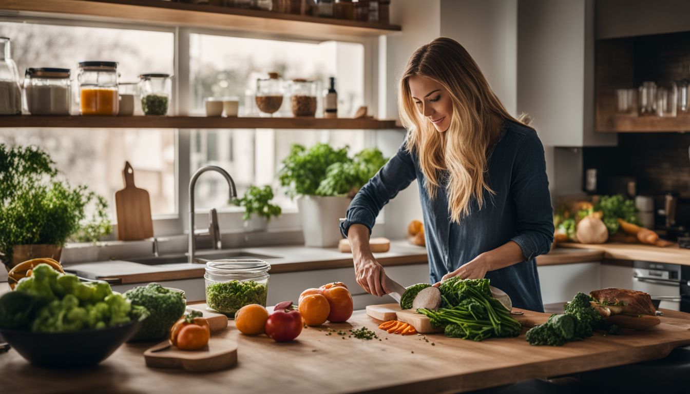 Een vrouw bereidt een gezonde, koolhydraatarme maaltijd in een moderne keuken.