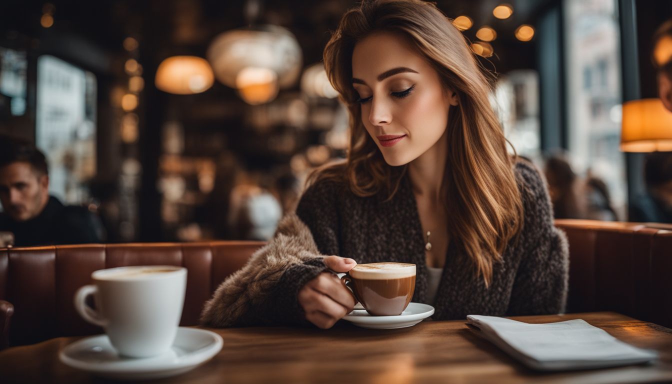 Een persoon geniet van een kopje koffie in een gezellig café met een stadsgezicht.