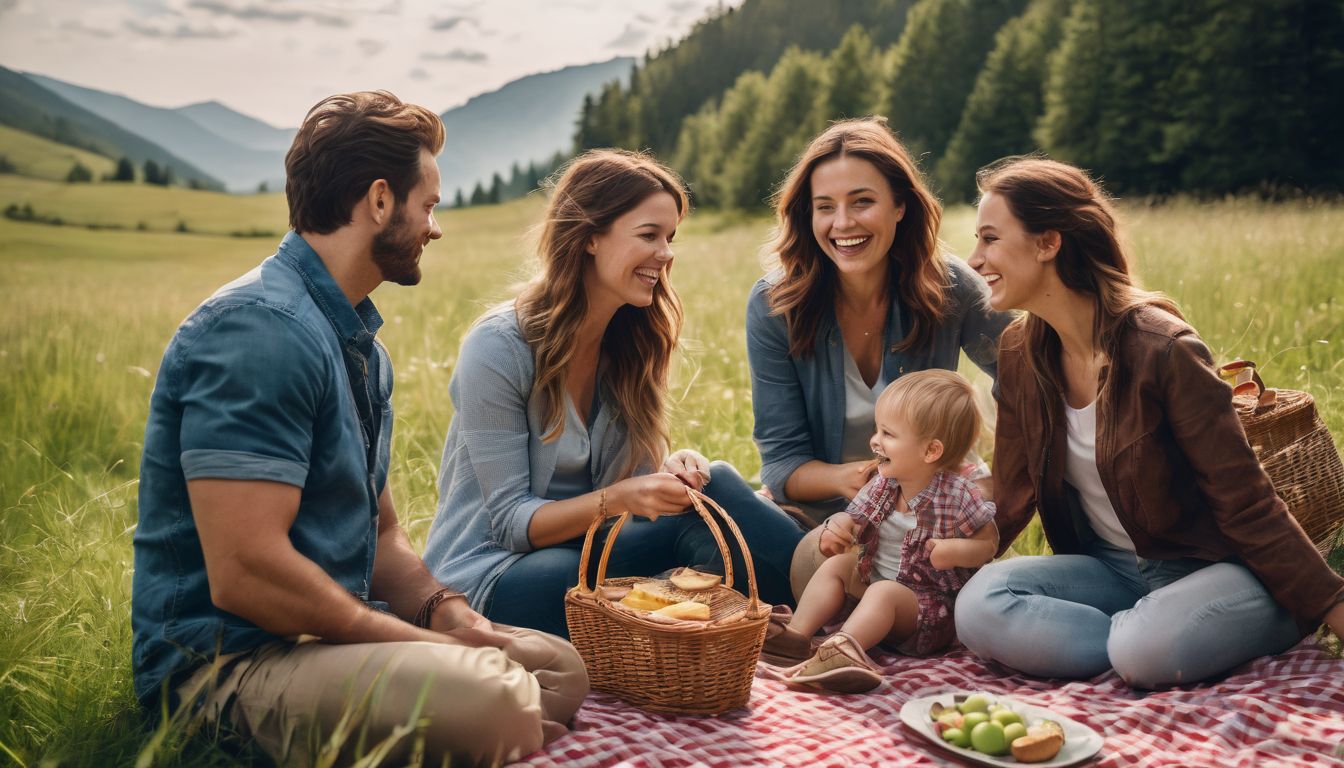 Een gelukkige familie geniet van een picknick in een weelderige groene weide.