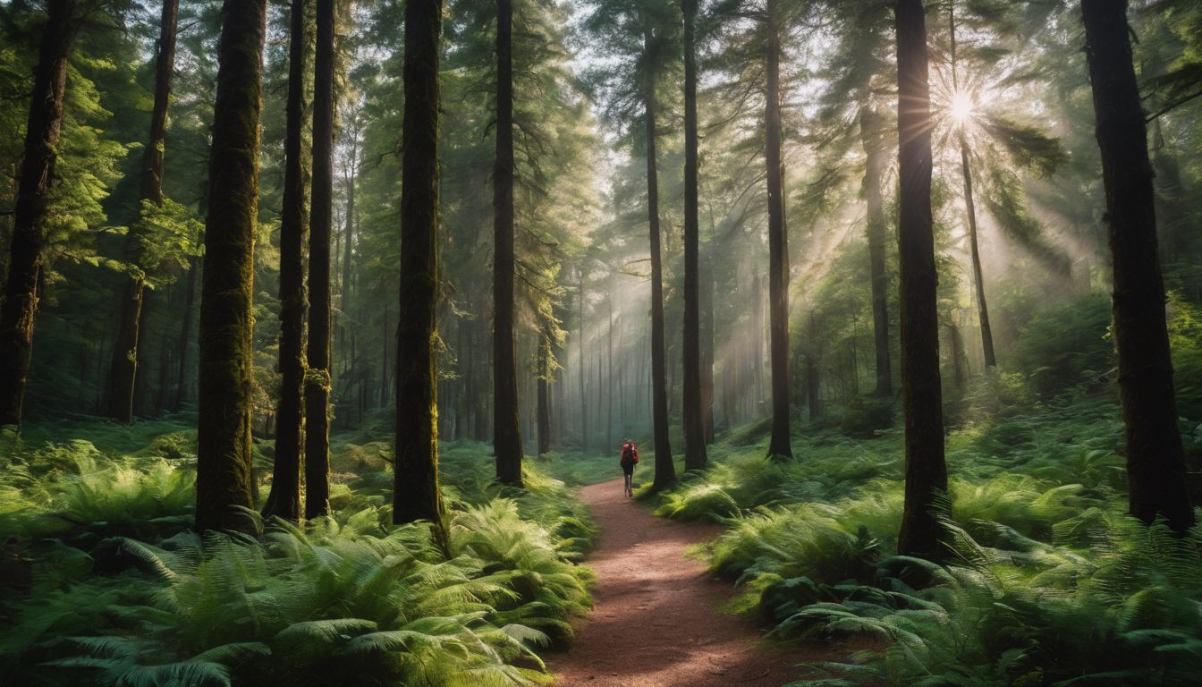 Een persoon die wandelt in een weelderig bos, omringd door hoge bomen.