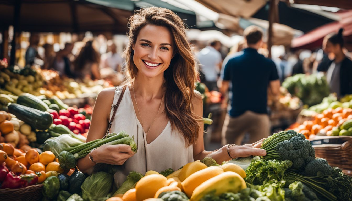 Een vrouw geniet van het winkelen op de boerenmarkt voor verse producten.