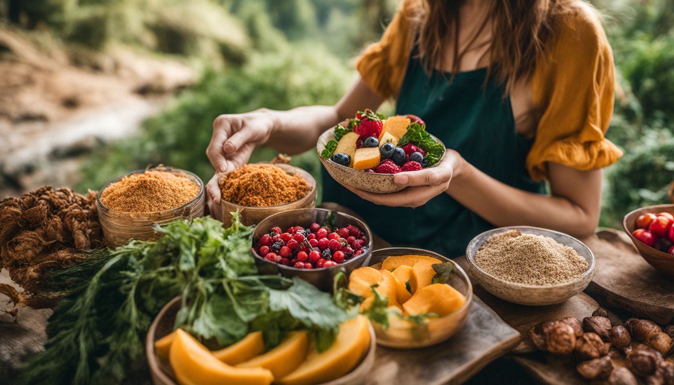 Een persoon houdt een verscheidenheid aan dierlijke voedingsmiddelen vast te midden van een levendige natuur.