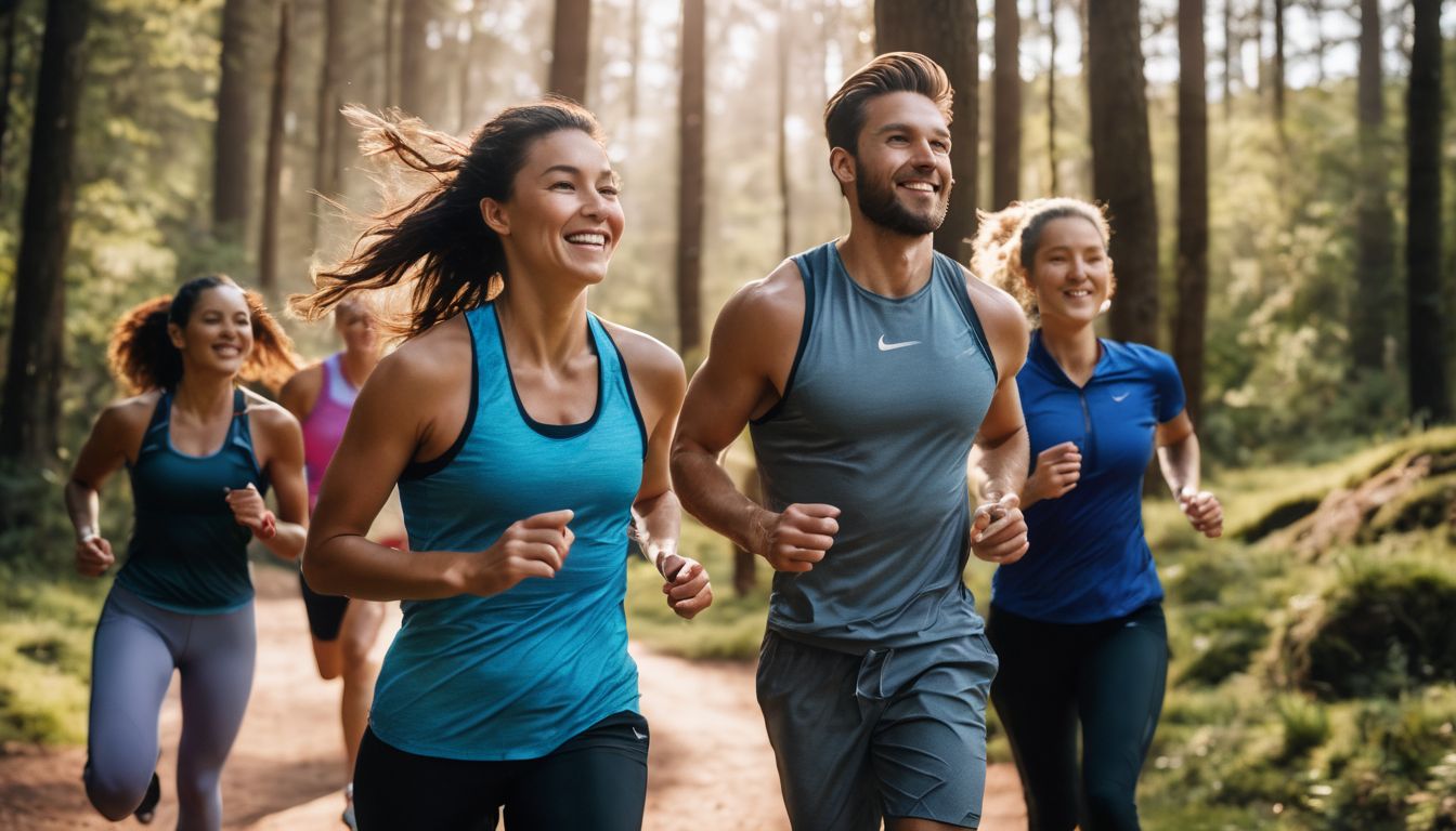 Een diverse groep mensen geniet van buiten sporten in een natuurlijke omgeving.