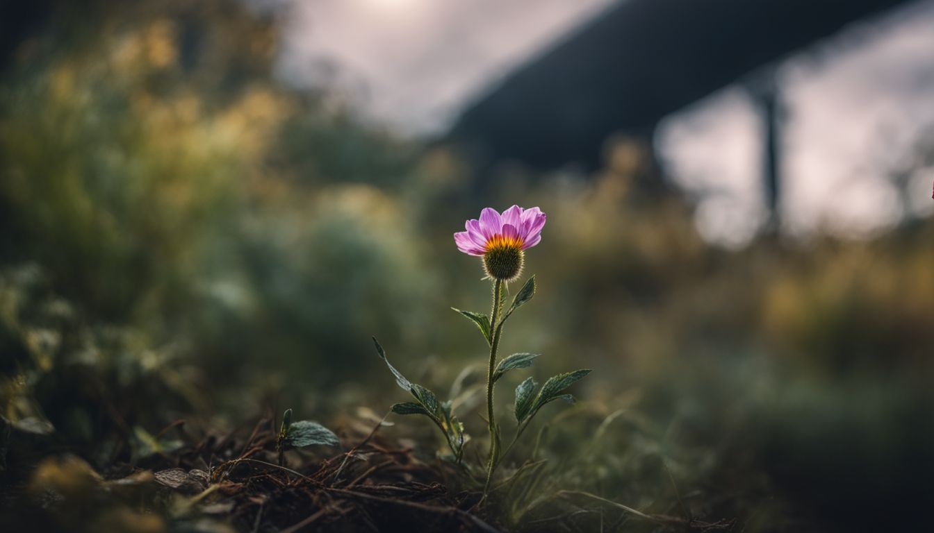 Een eenzame verwelkte bloem in een donkere, desolate omgeving.