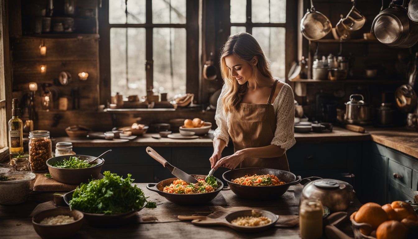 Een vrouw bereidt een heerlijke maaltijd met restjes in een rustieke keuken.