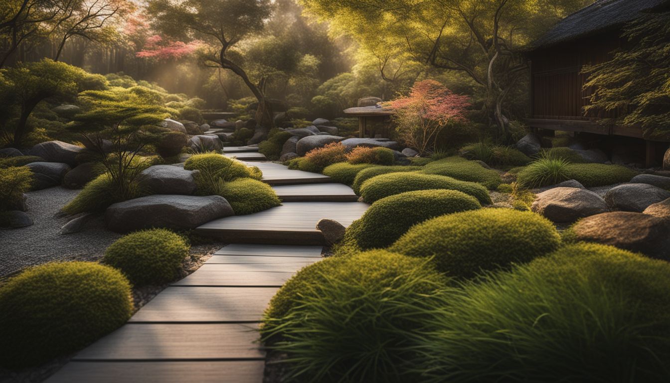 Een serene zen tuin met een pad naar een meditatiegebied.