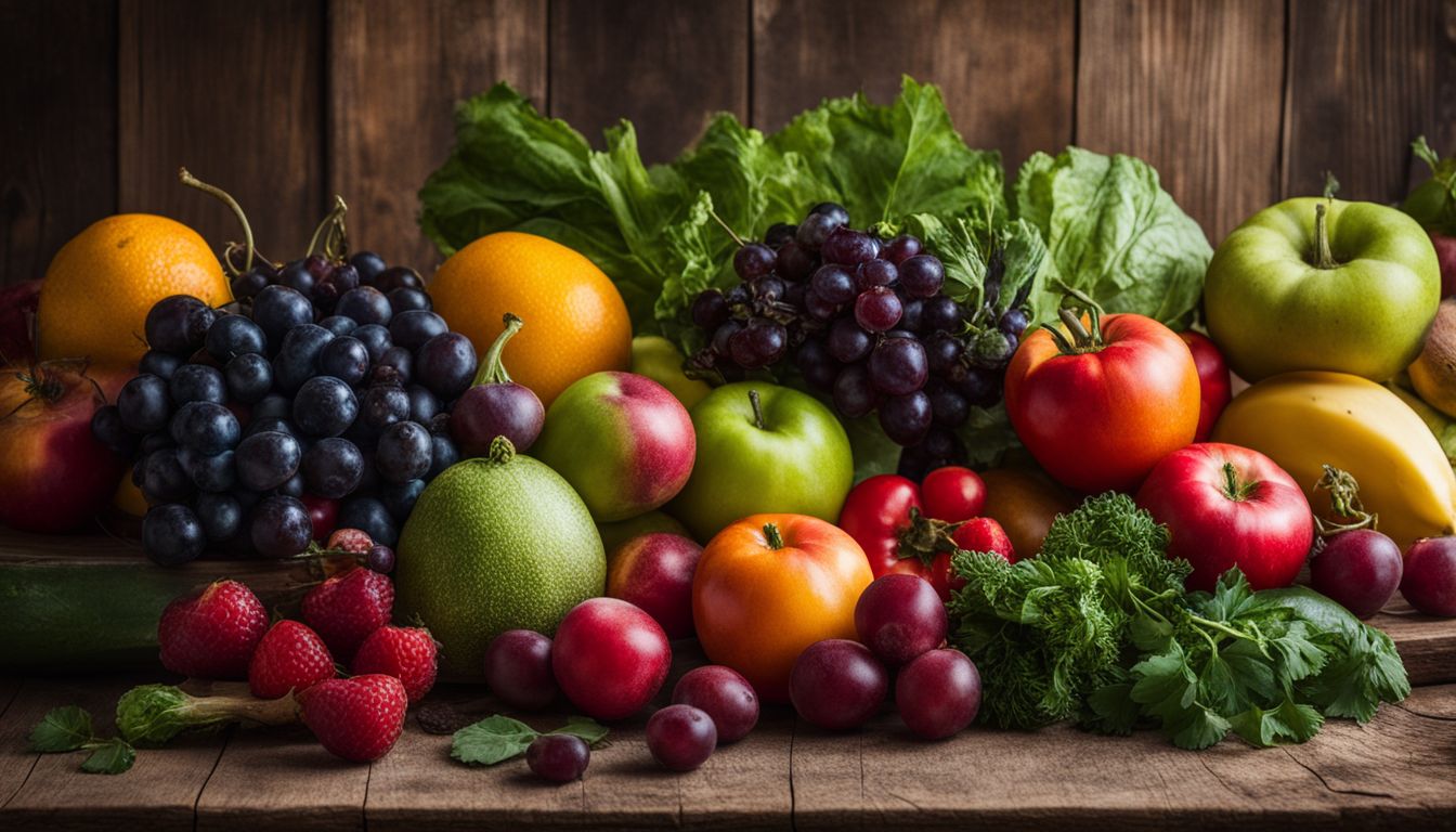 Een foto van verschillende verse groenten en fruit op een rustieke houten tafel.