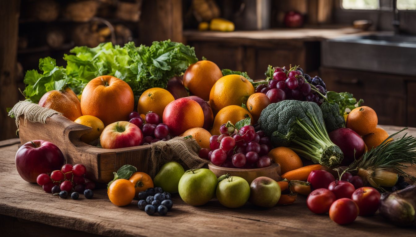 Een assortiment kleurrijk fruit en groenten op een rustieke houten tafel in een keuken.