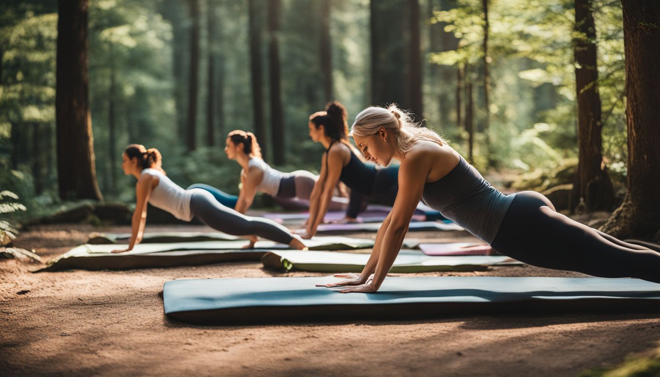 Een vredige yogasessie in een rustig bos met verschillende mensen.