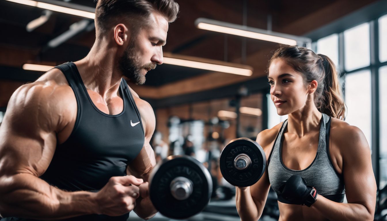 Een beginner in de sportschool traint met een personal trainer.