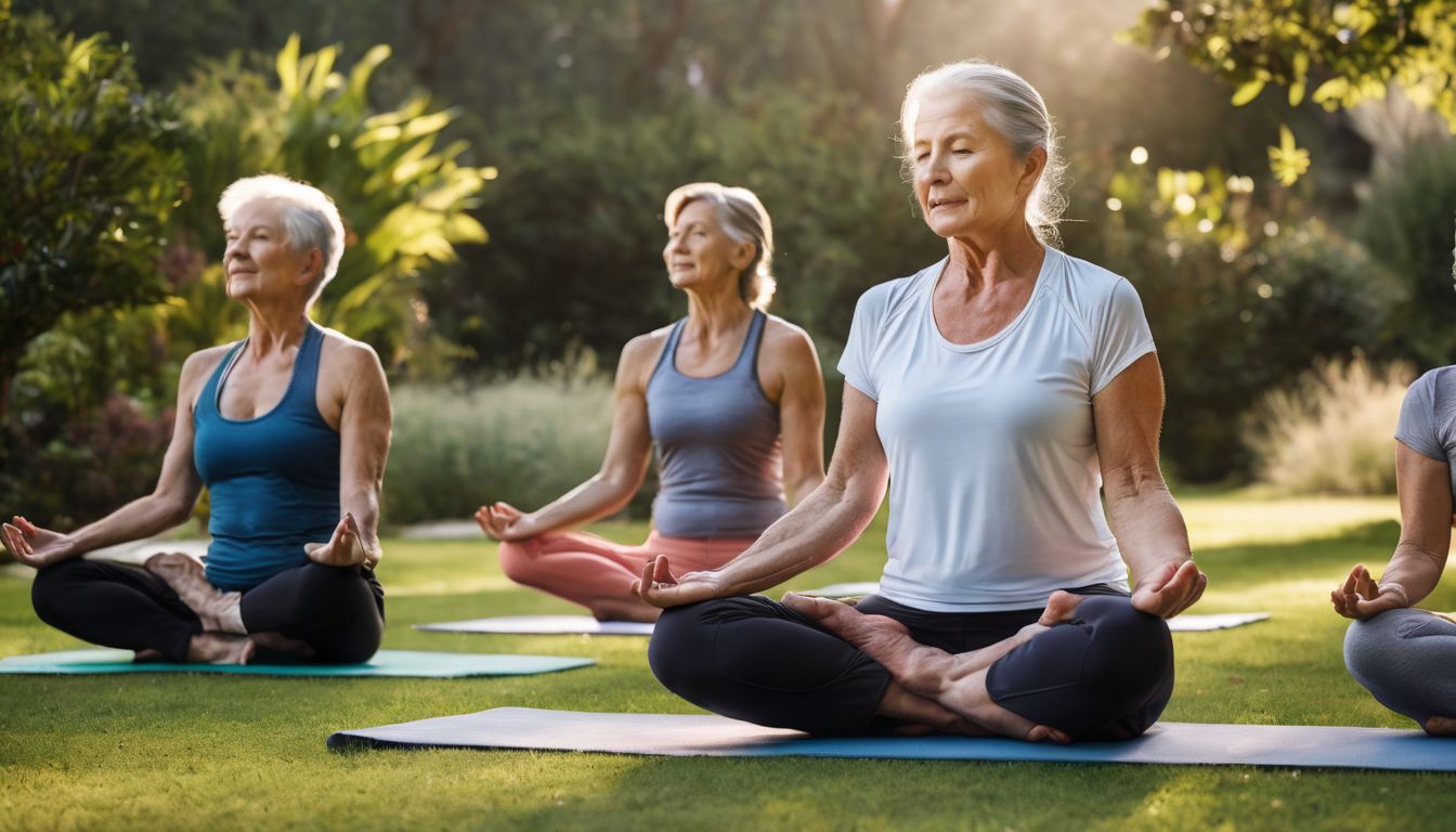 Een groep actieve senioren beoefent ochtendyoga in een serene tuin.