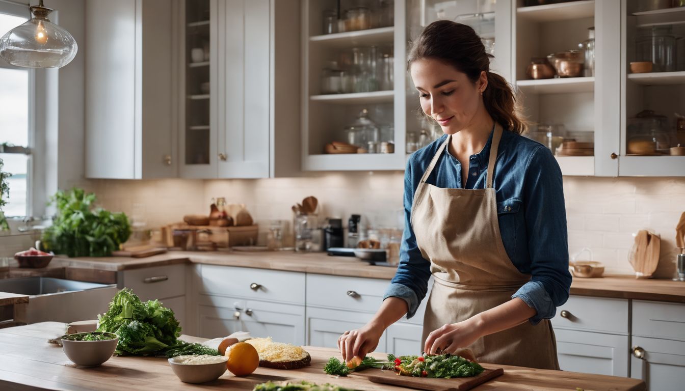 Een persoon bereidt een gezonde maaltijd in een moderne keuken.