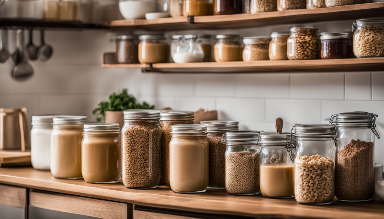 Een keurig opgeruimde keukenkast vol met verschillende voedingsmiddelen en potten.