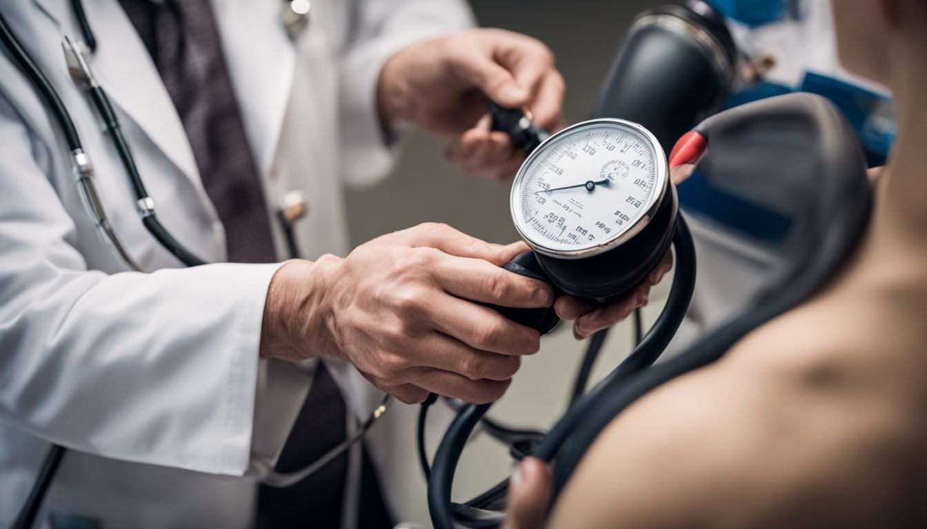 Een persoon krijgt zijn bloeddruk gecontroleerd door een dokter.