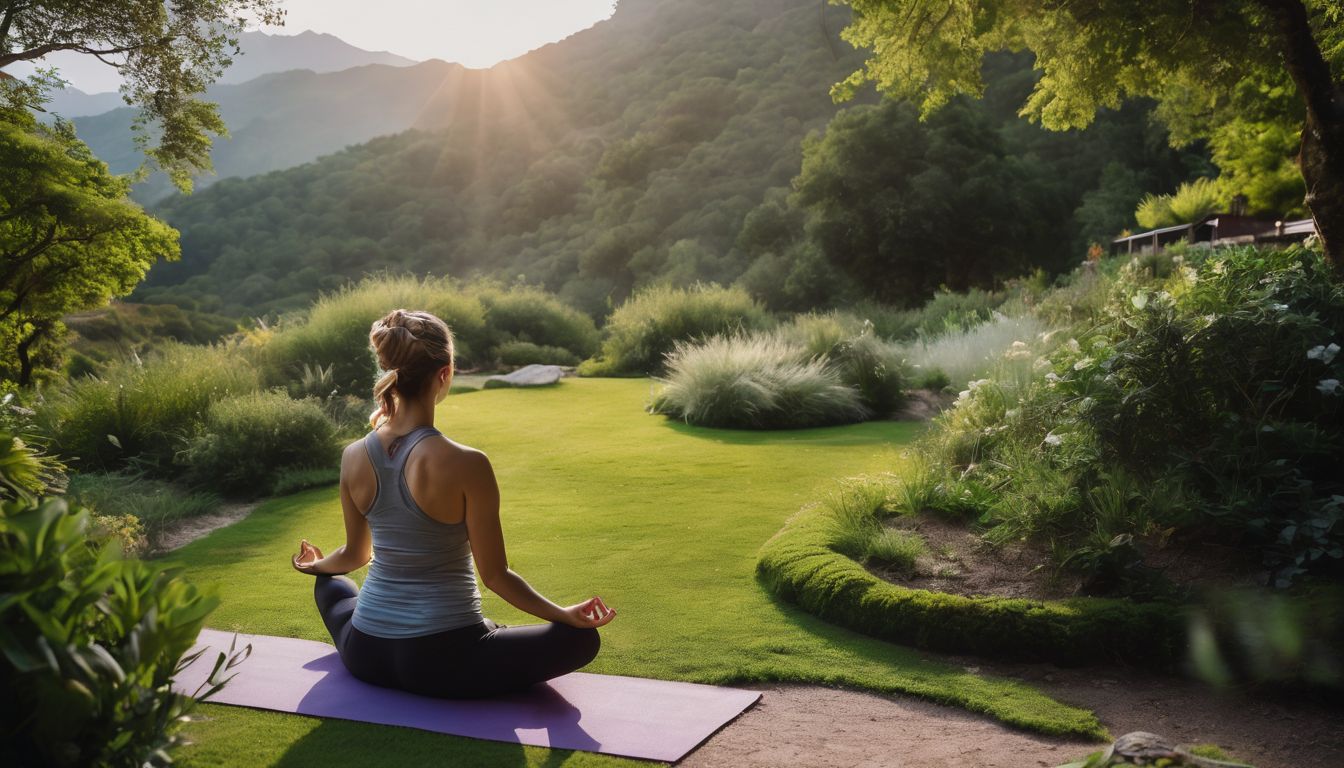 Een persoon mediteert in een rustige yogatuin, omgeven door groen.