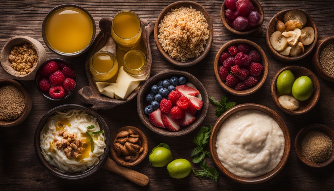 Een close-up foto van een verscheidenheid aan probiotica-rijke voedingsmiddelen op een rustieke houten tafel.