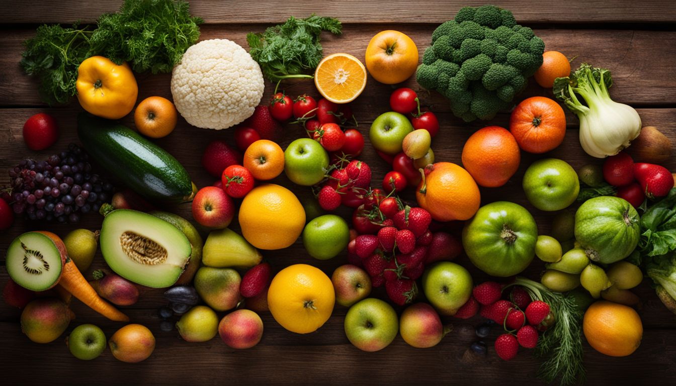 Een verscheidenheid aan verse groenten en fruit op een rustieke houten tafel.