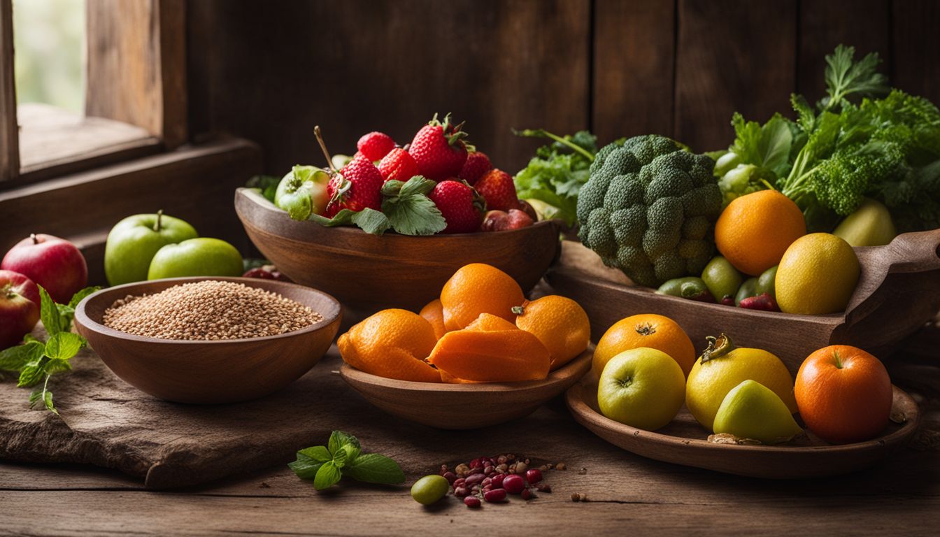 Een assortiment van fruit, groenten en granen op een rustieke houten tafel.