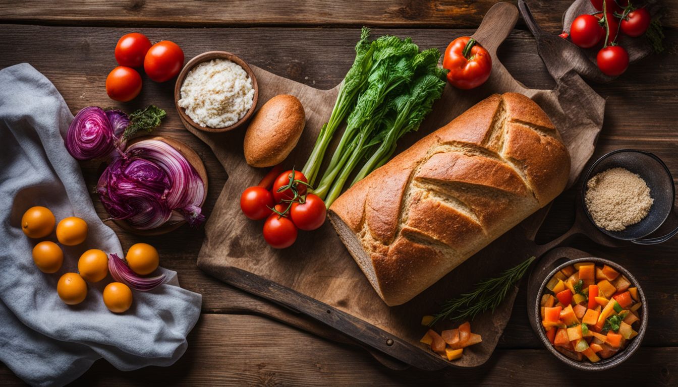 Een vers glutenvrij brood met kleurrijke groenten op een rustieke tafel.